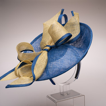 Royal / Yellow Beautiful Two Tone Bow On Top Of Sinamay Saucer Fascinator Headband