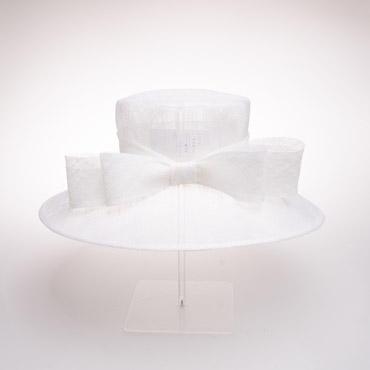 White Classic Sinamay Downbrim Hat With Sinamay Ribbon Ribbon Bow At Back