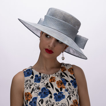 Silver Blue Classic Sinamay Downbrim Hat With Sinamay Ribbon Ribbon Bow At Back