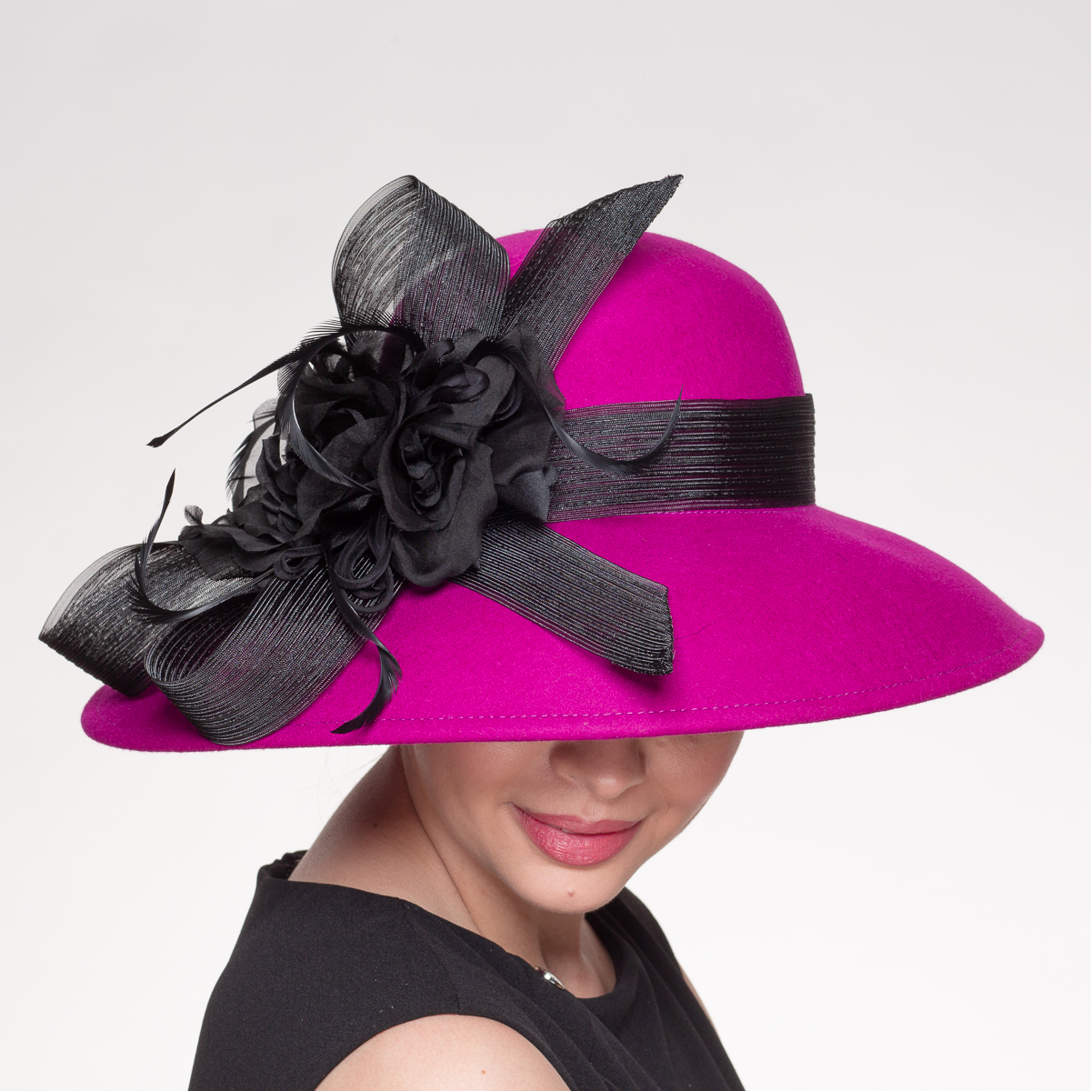 Vintage 60s Wool Felt Fuchsia Pink Wide Brim‎ Derby Hat Black Ribbon Bow USA A timeless dream in black wool. The HOLLY hat captures the  main image 4