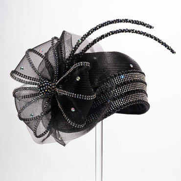 Black Rhinestone Satin Cloche Flapper Embellished Rhinestone Crinoline Bow And 2 Rhinestone Chopsticks