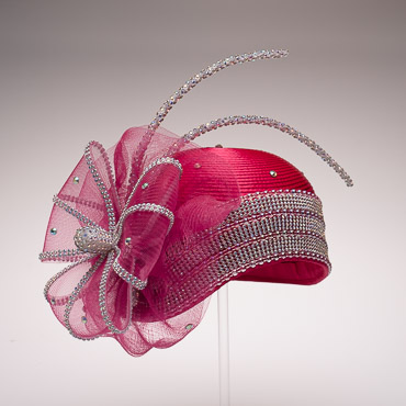 Fuchsia Rhinestone Satin Cloche Flapper Embellished Rhinestone Crinoline Bow And 2 Rhinestone Chopsticks