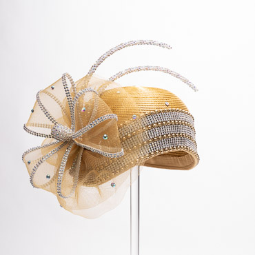 Gold Rhinestone Satin Cloche Flapper Embellished Rhinestone Crinoline Bow And 2 Rhinestone Chopsticks