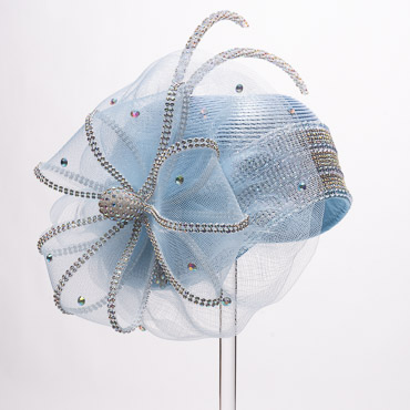 Ice Blue Rhinestone Satin Cloche Flapper Embellished Rhinestone Crinoline Bow And 2 Rhinestone Chopsticks