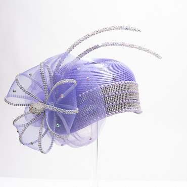 Lilac Rhinestone Satin Cloche Flapper Embellished Rhinestone Crinoline Bow And 2 Rhinestone Chopsticks