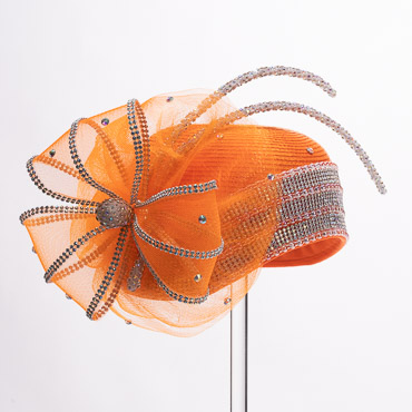 Orange Rhinestone Satin Cloche Flapper Embellished Rhinestone Crinoline Bow And 2 Rhinestone Chopsticks