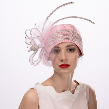 Pink Rhinestone Satin Cloche Flapper Embellished Rhinestone Crinoline Bow And 2 Rhinestone Chopsticks