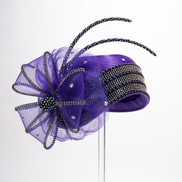 Purple Rhinestone Satin Cloche Flapper Embellished Rhinestone Crinoline Bow And 2 Rhinestone Chopsticks
