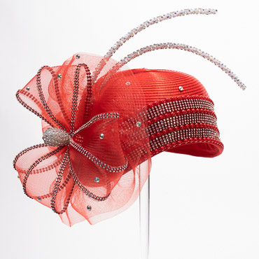 Red Rhinestone Satin Cloche Flapper Embellished Rhinestone Crinoline Bow And 2 Rhinestone Chopsticks