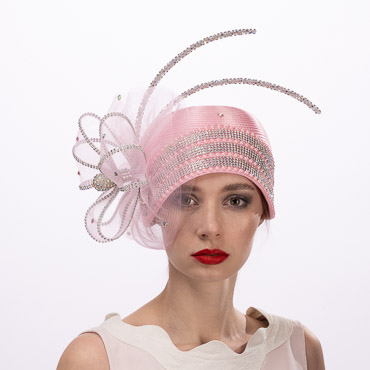 Rhinestone Satin Cloche Flapper Embellished Rhinestone Crinoline Bow And 2 Rhinestone Chopsticks