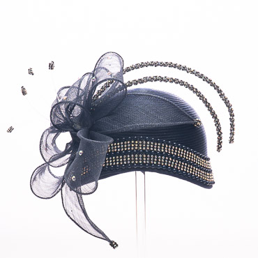 Navy Sinamay Ribbon Flower Sculpted With Two Rhinstone Sticks