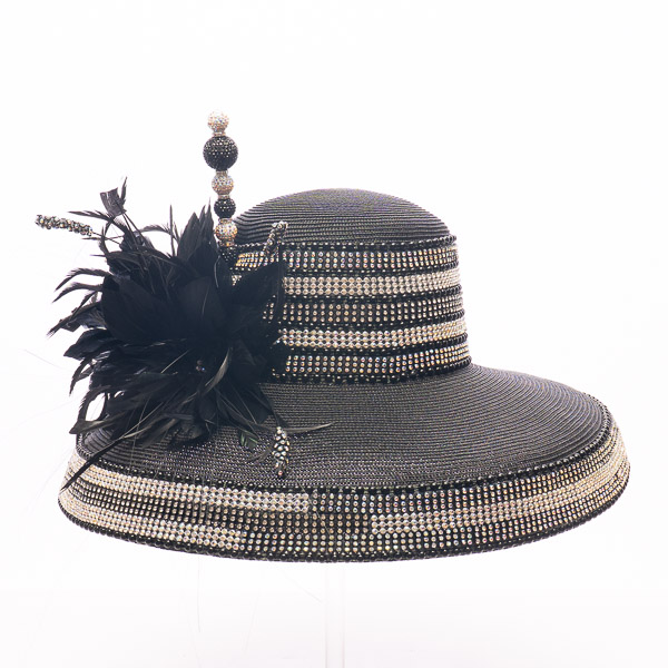 Black / White Rhinestone Trim Floral Wide Brim Church Dress Hat