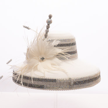 White / Black Rhinestone Trim Floral Wide Brim Church Dress Hat