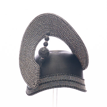 Black Rhinestone Spiral Crown Statement Hat With Embellished Base