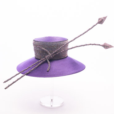 Purple Structured Wide-Brim Hat With Beaded Wrap And Arrow Tassel Detail