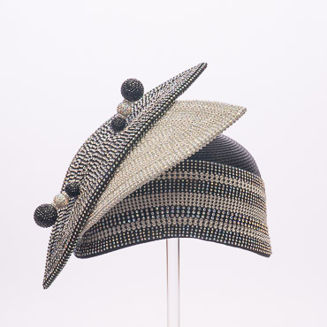 Black / White Beaded Geometric Fascinator With Layered Brim