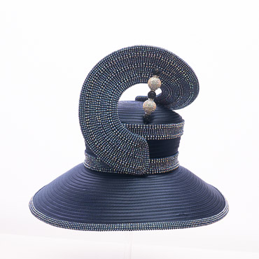 Navy Beaded Sculptural Wide Brim Statement Hat