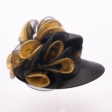 Black / Gold Elegant Wide Brim Church Hat With Rhinestone Band And Floral Trim