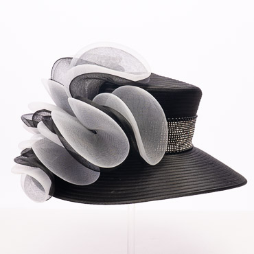 Black / White Elegant Wide Brim Church Hat With Rhinestone Band And Floral Trim