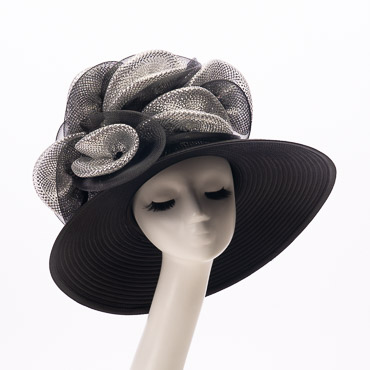 Black Elegant Wide Brim Church Hat With Rhinestone Band And Floral Trim